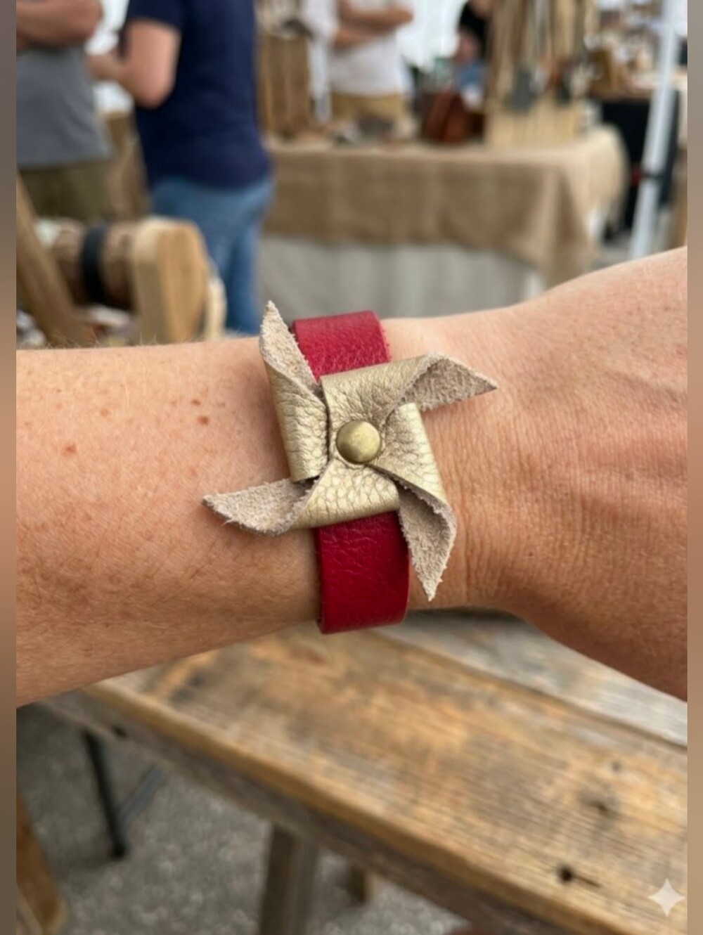 Handmade Red Genuine Leather Snap Bracelet with Gold Pinwheel Accent